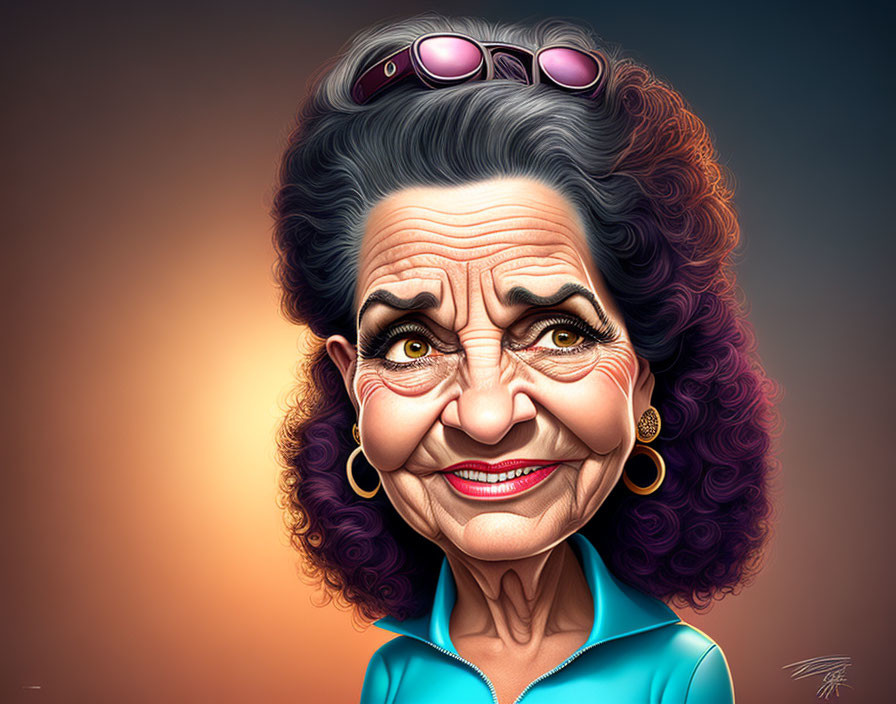 Detailed Caricature of Smiling Elderly Woman with Gray Hair and Sunglasses