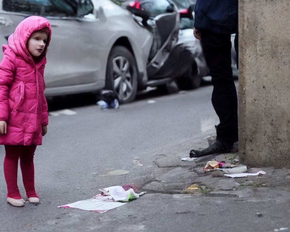 Child in Pink Coat on Littered Street with Car and Adults