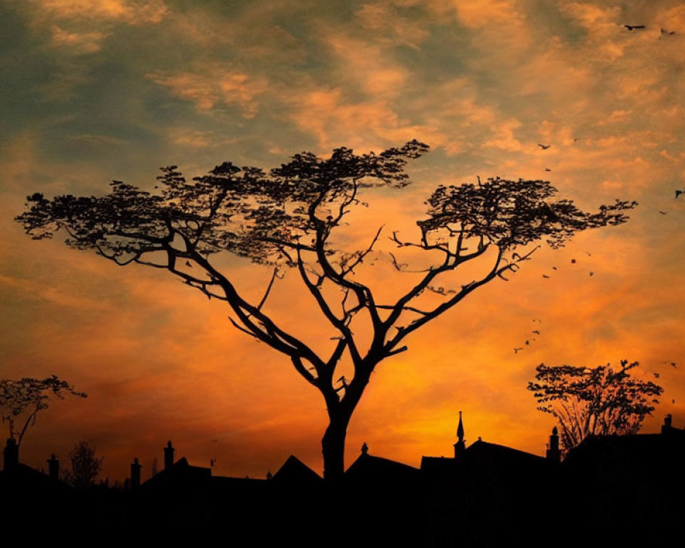 Solitary tree silhouette against orange dusk sky with birds and buildings.