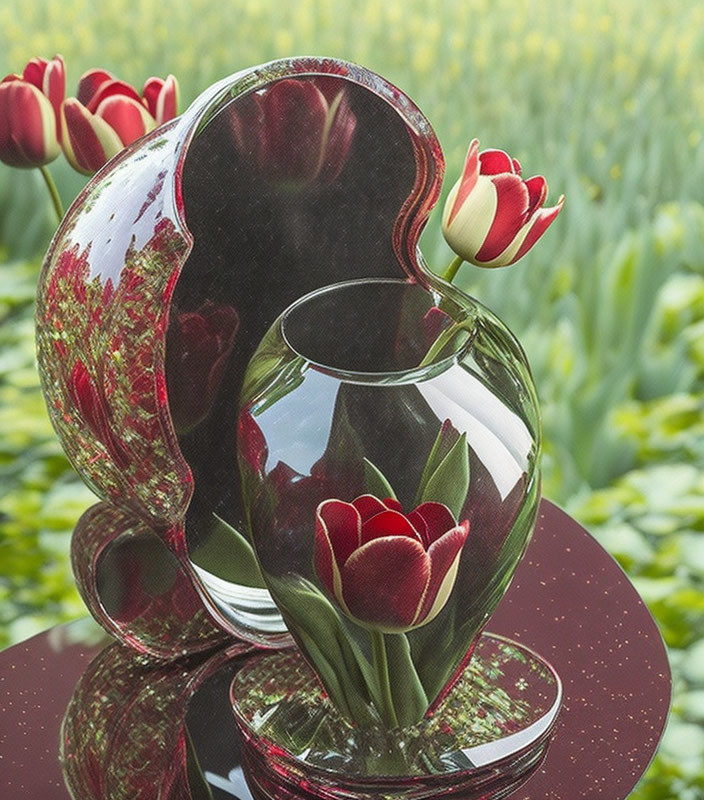 Heart-shaped reflective vase showcasing red tulips in a tulip field