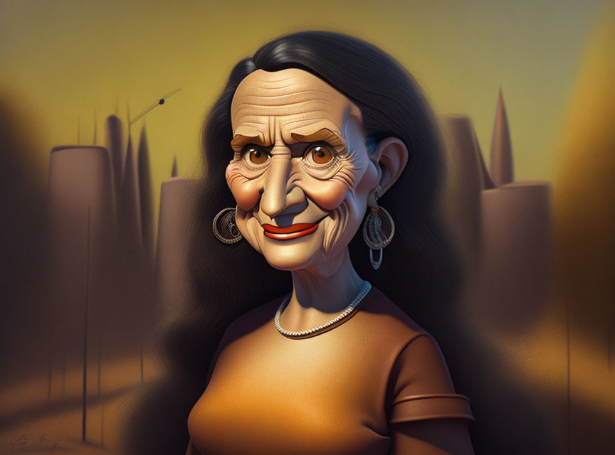 Smiling Woman Caricature with Dark Hair and Cityscape Background