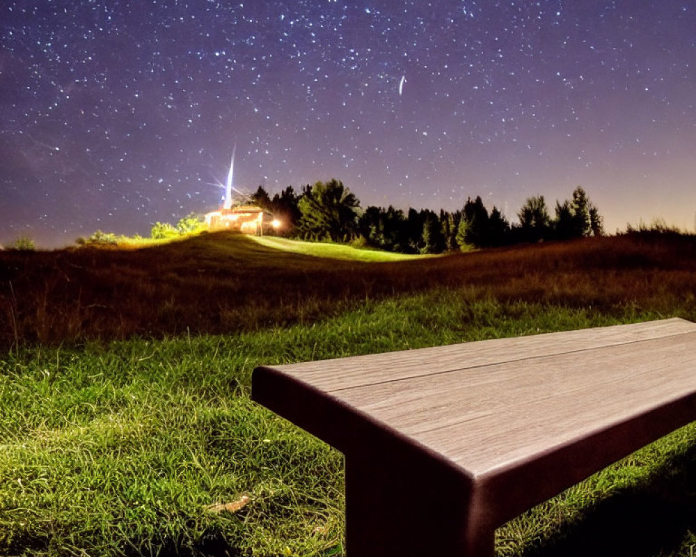 Starry Night Sky Over Hilltop House & Wooden Bench