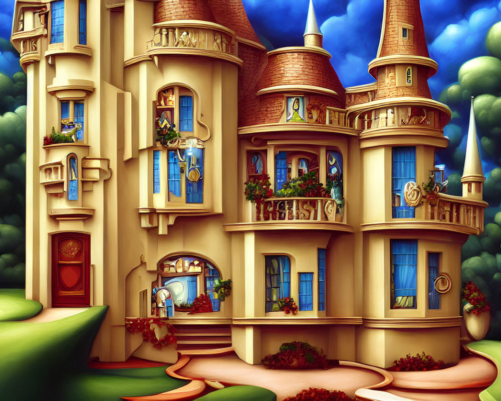 Fantasy castle illustration with ornate details and lush surroundings