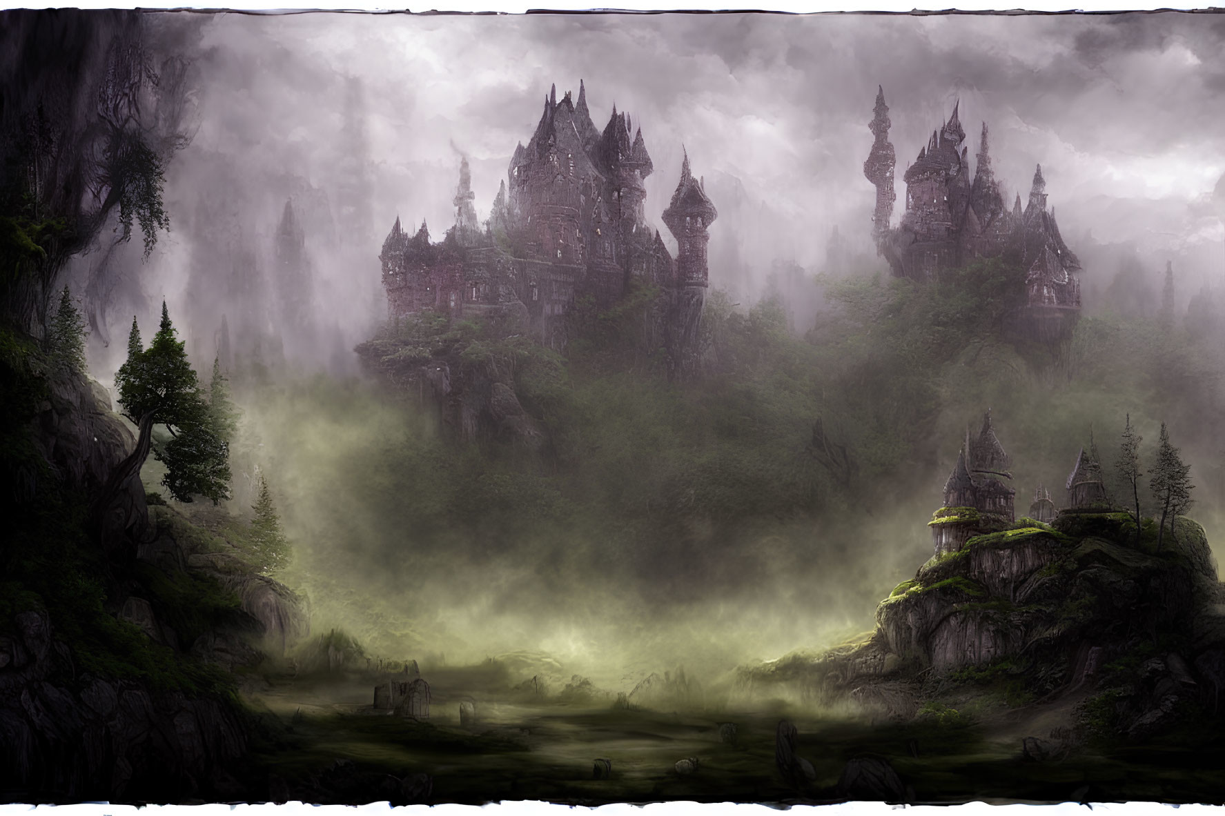 Mysterious Gothic castle in misty forest under overcast sky
