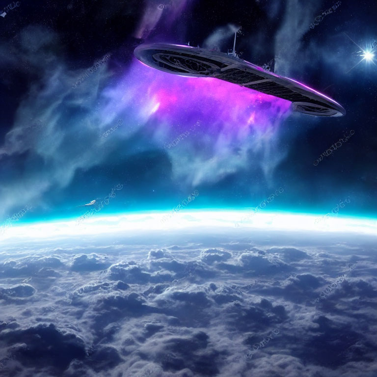 Spaceship near colorful nebula under starlit sky