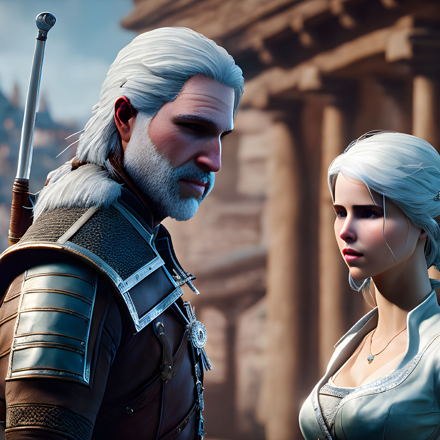 White-haired man and woman in medieval attire standing together.