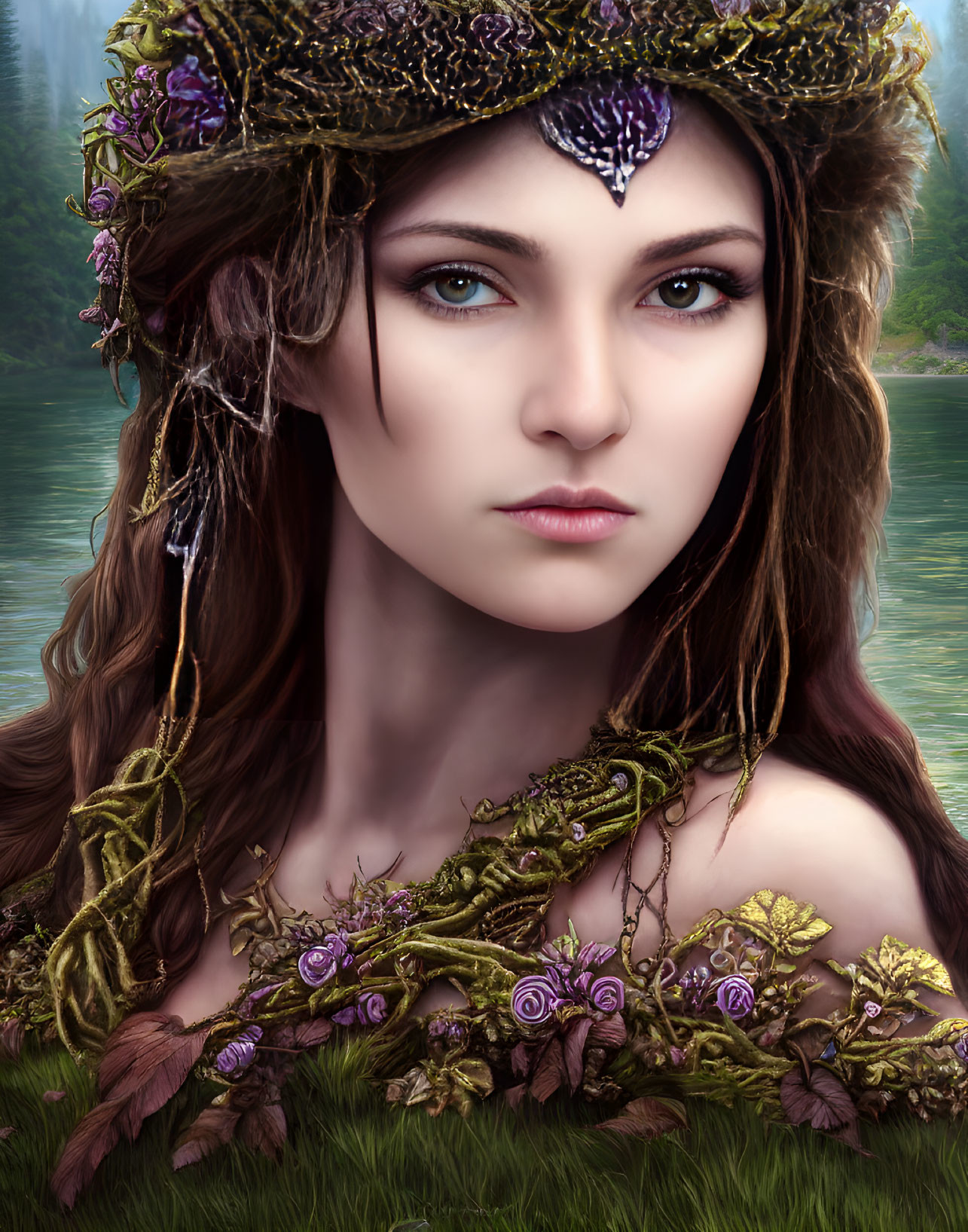 Woman with Floral Crown and Nature Jewelry by Forest Lake