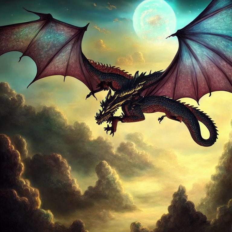 Majestic dragon with expansive wings flying under full moon