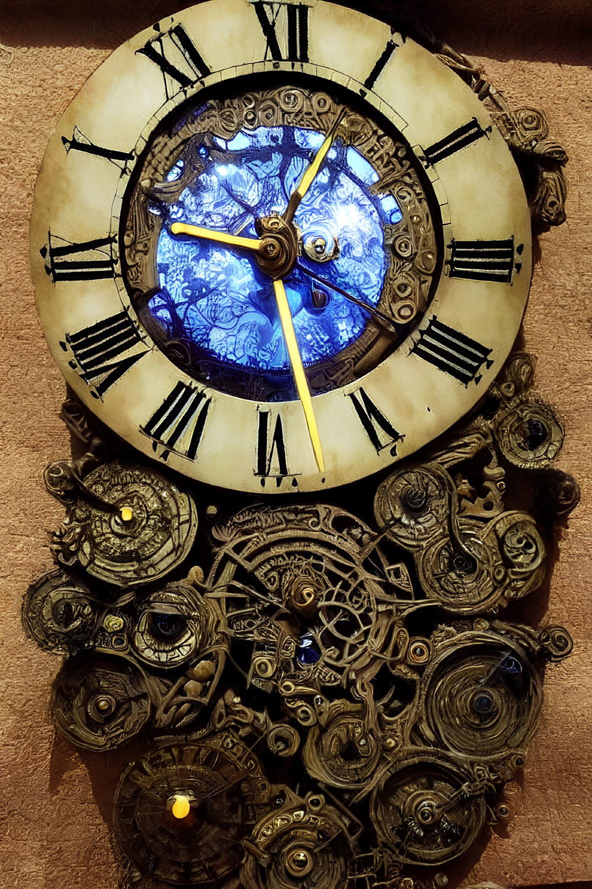 Steampunk-style clock face with Roman numerals, gears, blue and gold colors