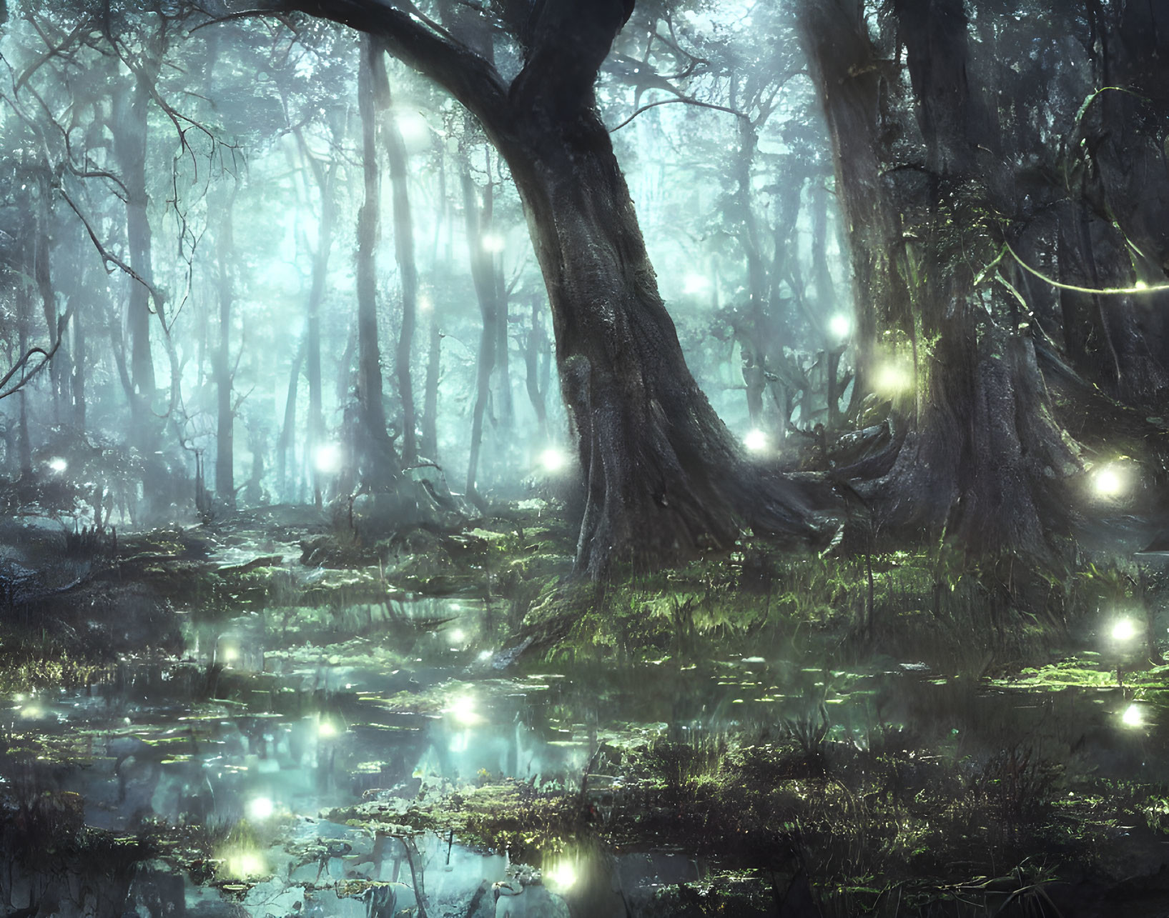 Enchanted Forest with Glowing Orbs, Ancient Trees, and Reflective Water