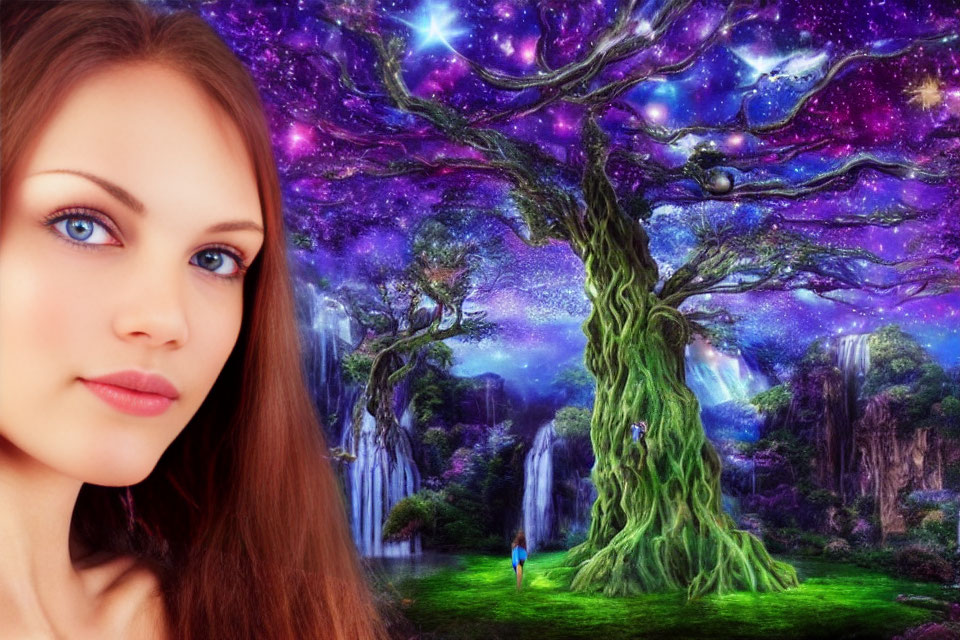 Composite image of woman's face with fantasy cosmic landscape and vibrant tree.
