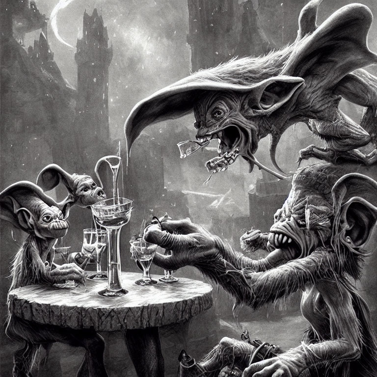 Monochrome illustration of grotesque goblins socializing around a table with a gothic castle backdrop