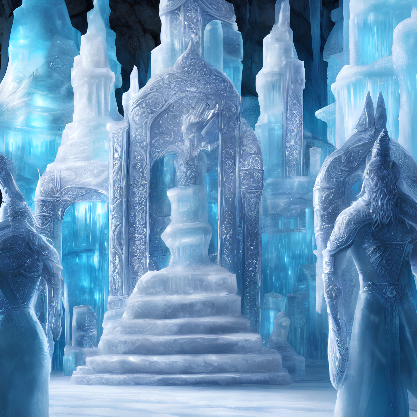 Mystical ice palace interior with frozen pillars and icy throne