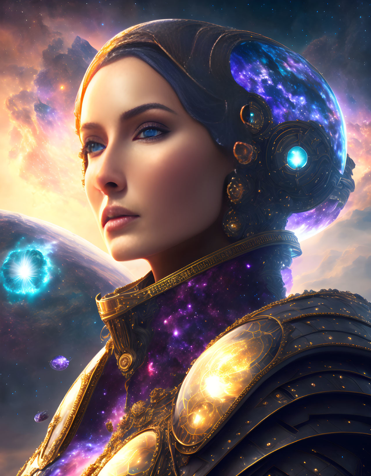 Cosmic-themed digital art portrait of a woman in celestial attire