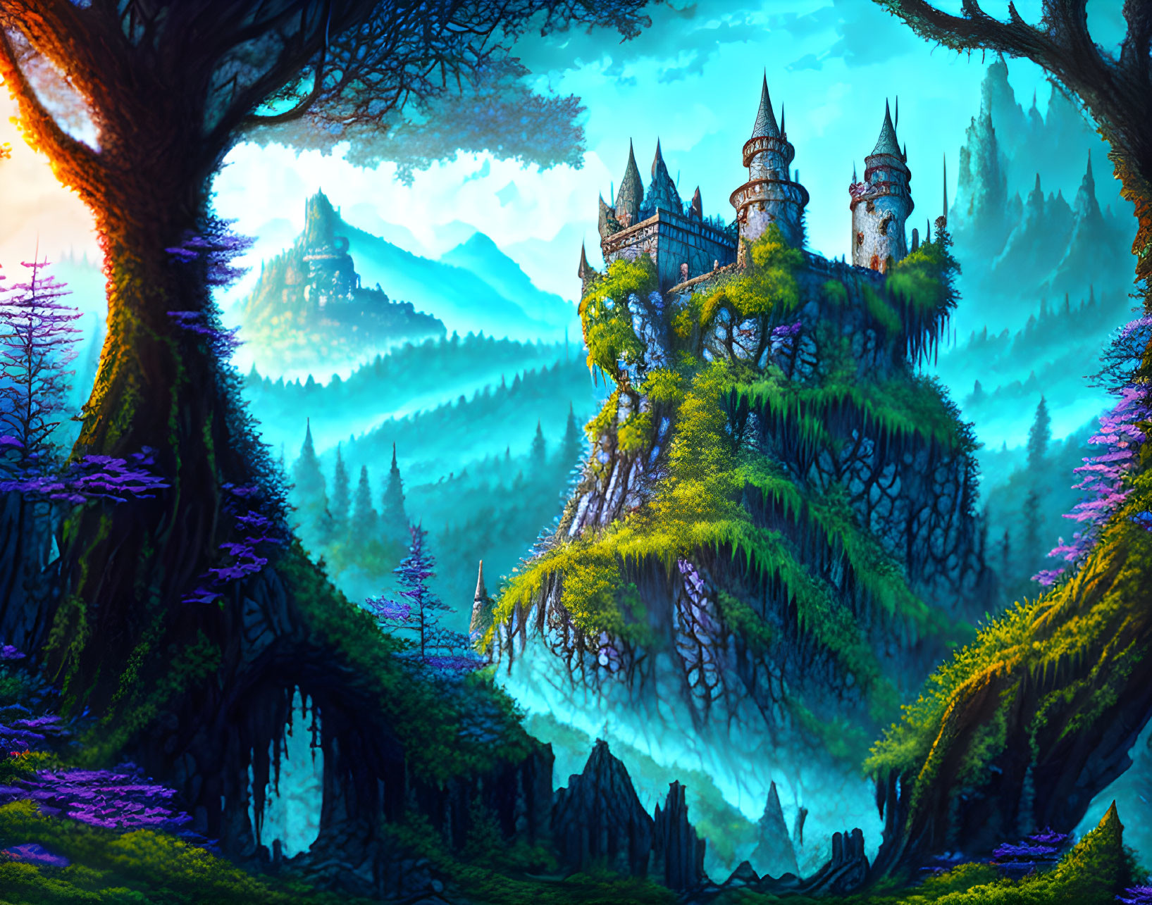 Mystical castle on green hill with forests, mountains, and blue sky