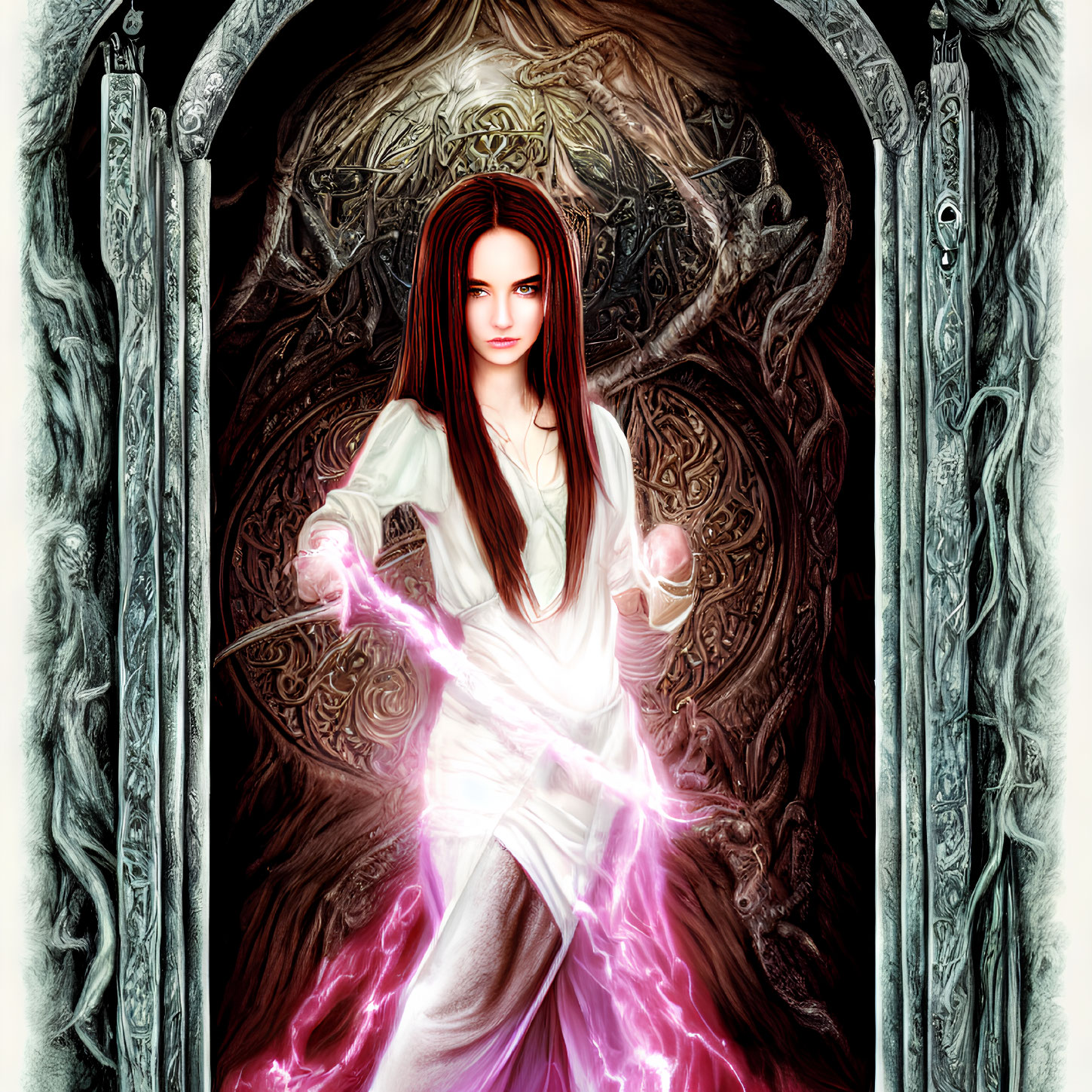 Fantasy artwork featuring woman with dark hair and purple magical energy by ornate archway