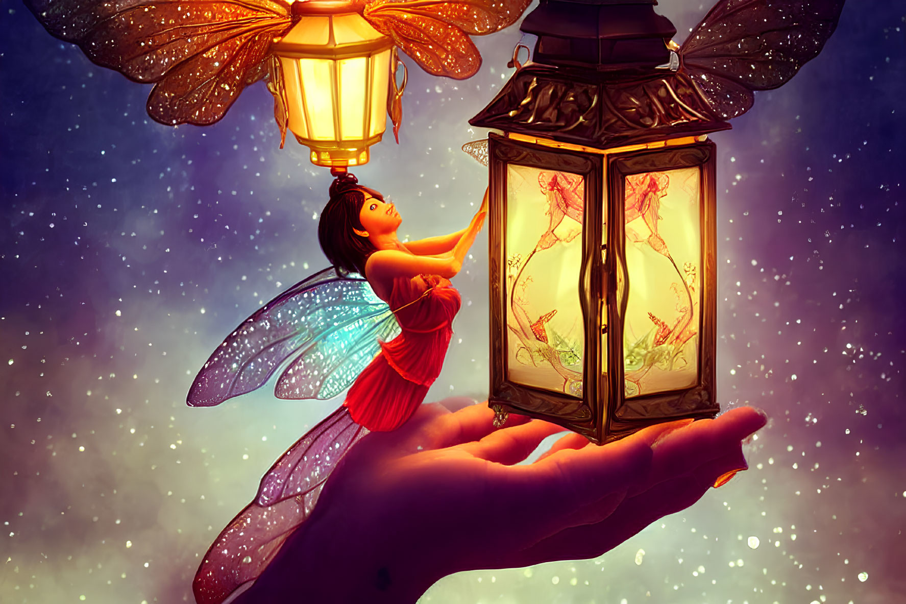 Miniature fairy in red dress opens lantern under starry sky imagery