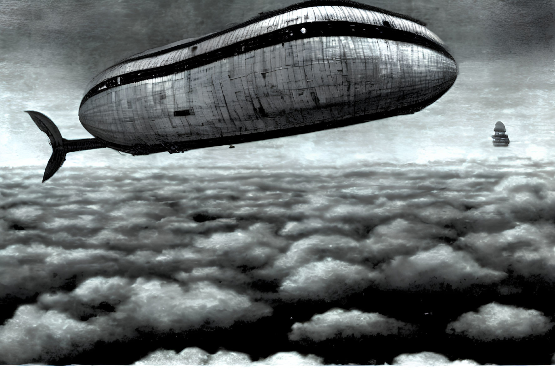 Retro-futuristic airship over cloudy sea under dark sky