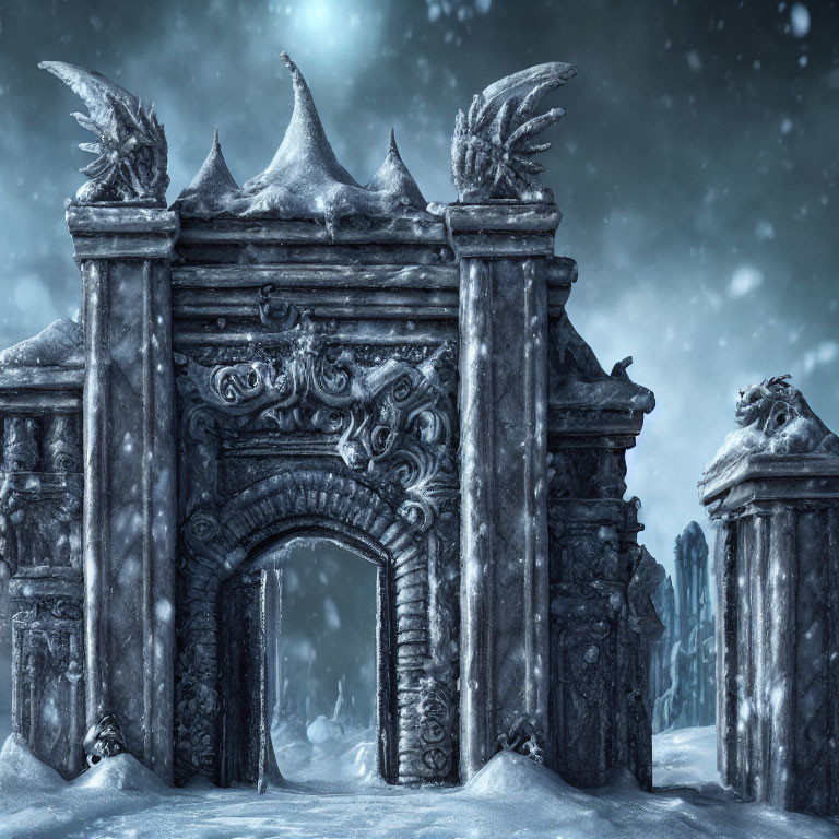 Snow-covered ornate stone gate with bird sculptures under night sky