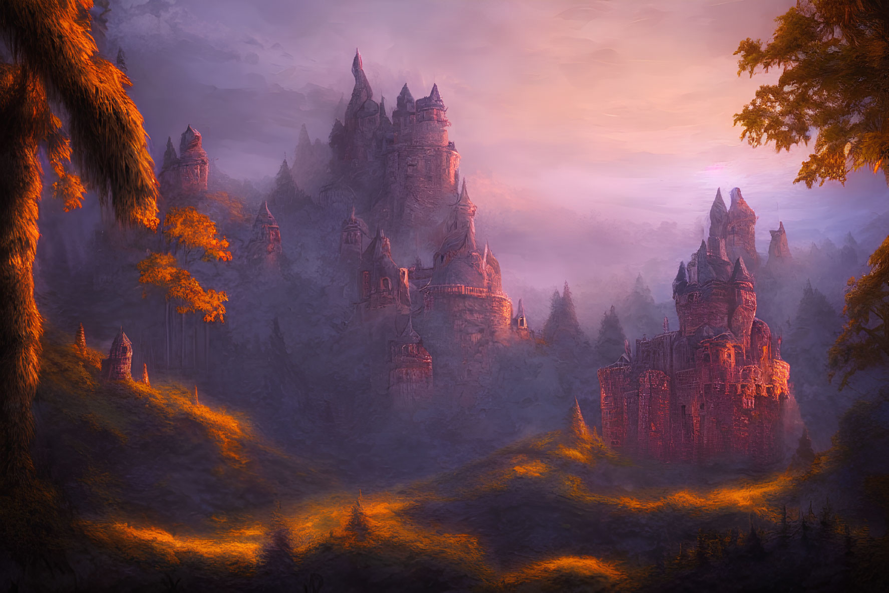 Majestic castle in golden forest under misty glow