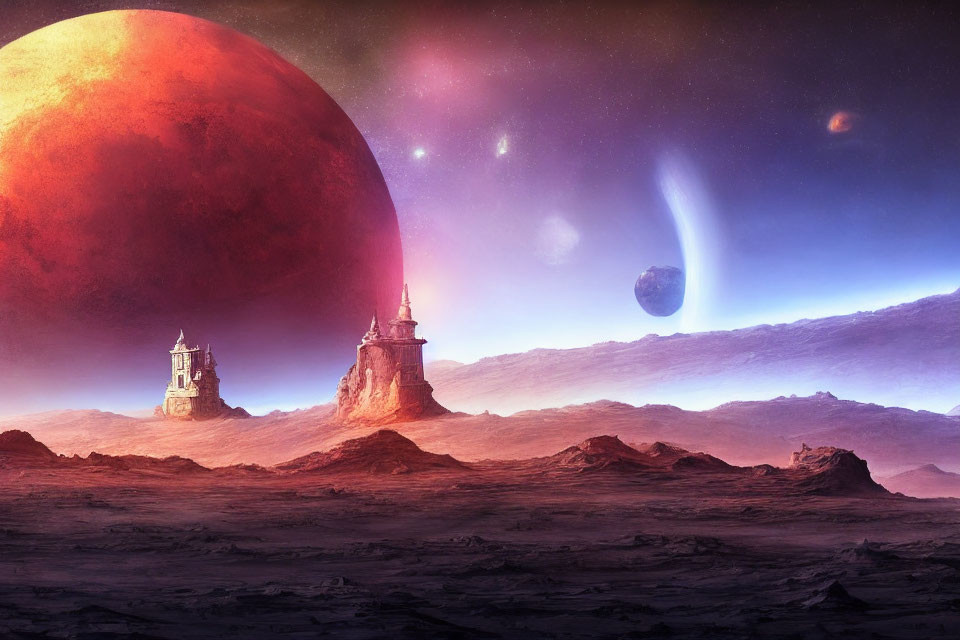 Surreal sci-fi landscape with two castles, red planet, and colorful nebula
