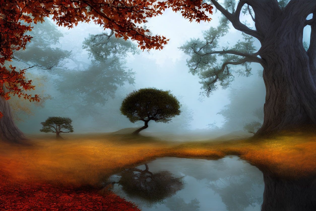 Mystical autumn forest with fog, reflective pond, vibrant red and orange trees