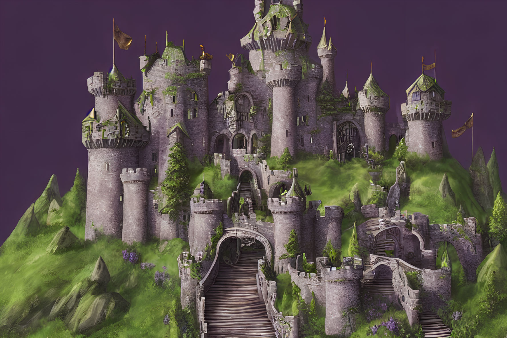 Fantasy castle with spires and towers on lush green hill, purple flora, flying banners, purple