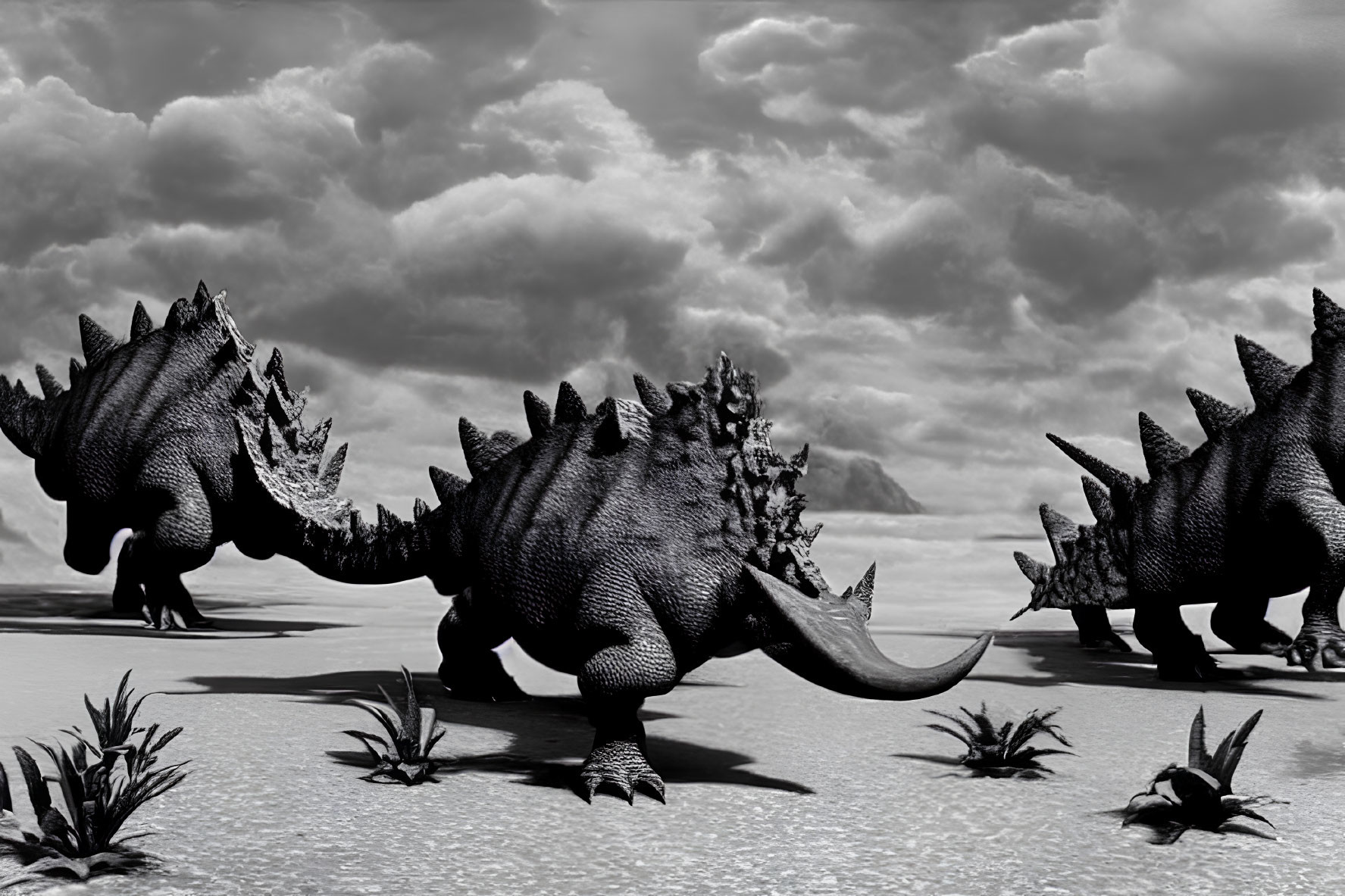 Three spiky dinosaurs in barren landscape with dramatic clouds
