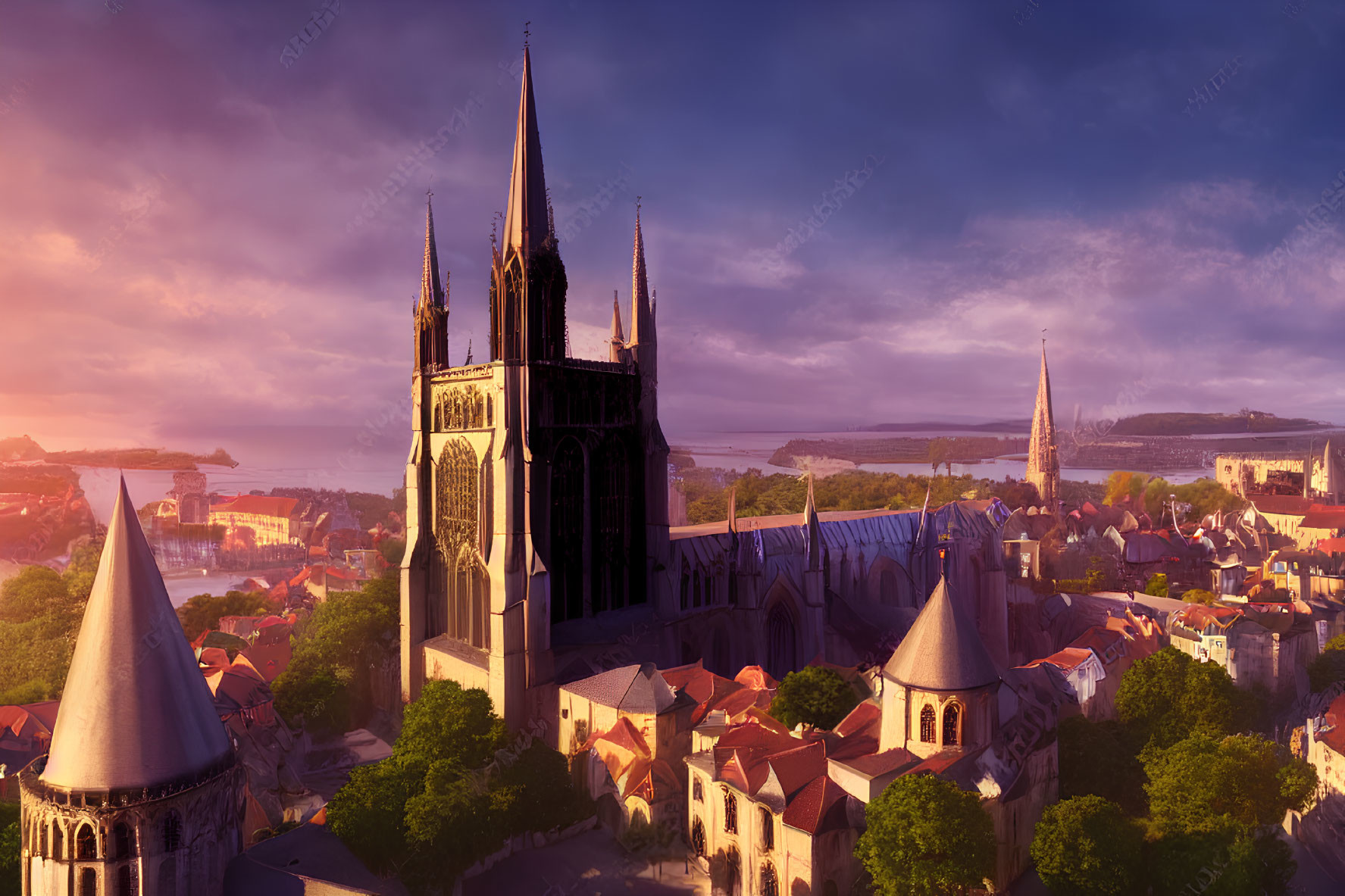Historic city sunrise panorama: Gothic cathedrals, terracotta rooftops, river,