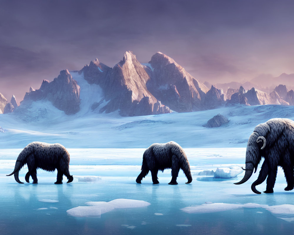 Prehistoric woolly mammoths in frozen twilight landscape