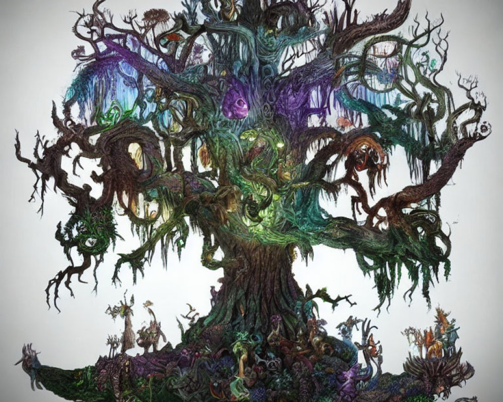 Fantastical tree with mythical creatures in mystical setting