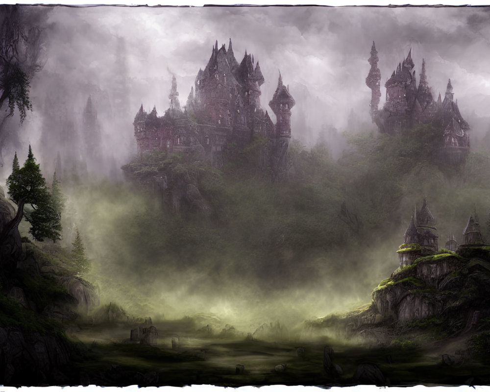 Mysterious Gothic castle in misty forest under overcast sky