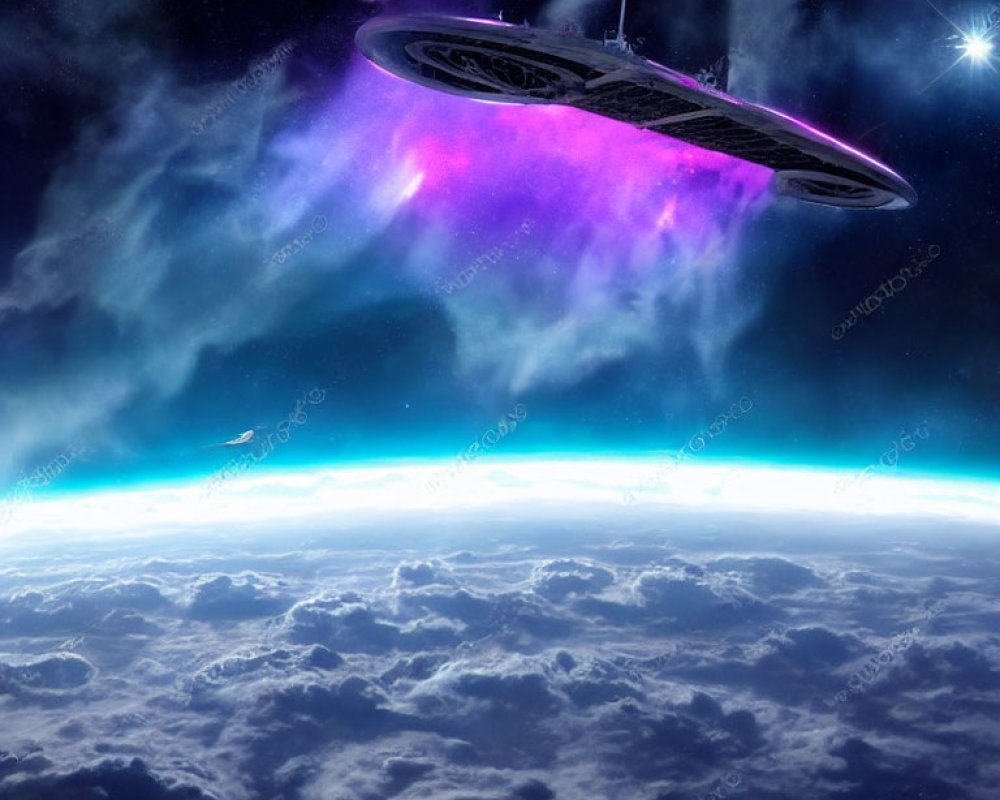 Spaceship near colorful nebula under starlit sky