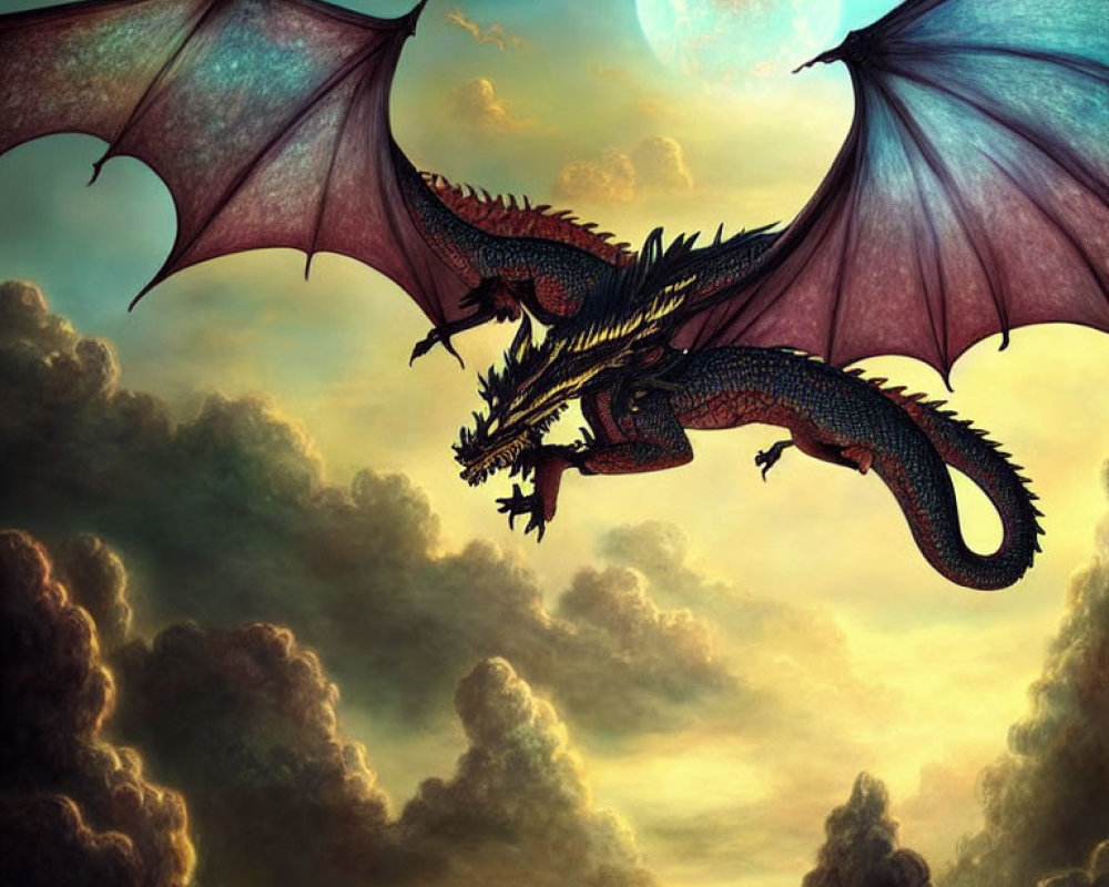 Majestic dragon with expansive wings flying under full moon