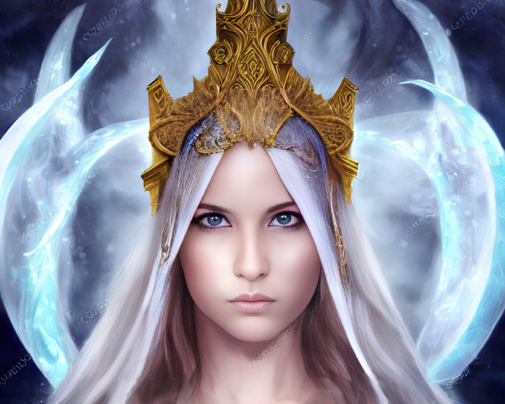 Fantasy portrait of woman with white hair, blue eyes, gold crown, and ethereal wings