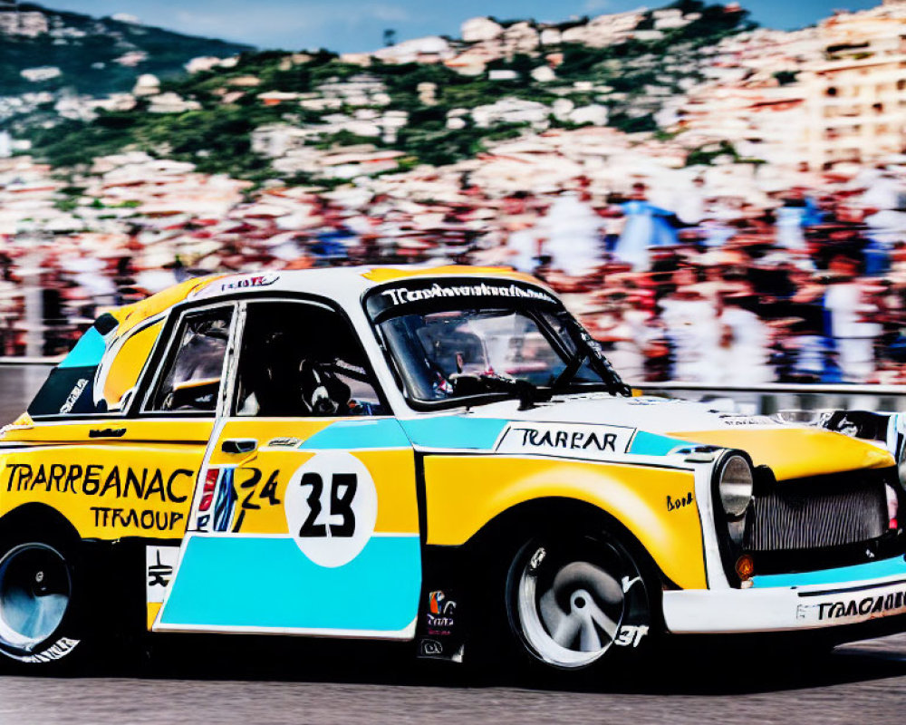 Colorful Vintage Racing Car Speeds on Track with Sponsorship Decals