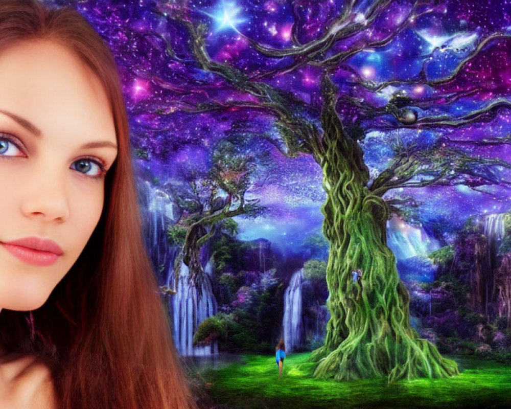 Composite image of woman's face with fantasy cosmic landscape and vibrant tree.