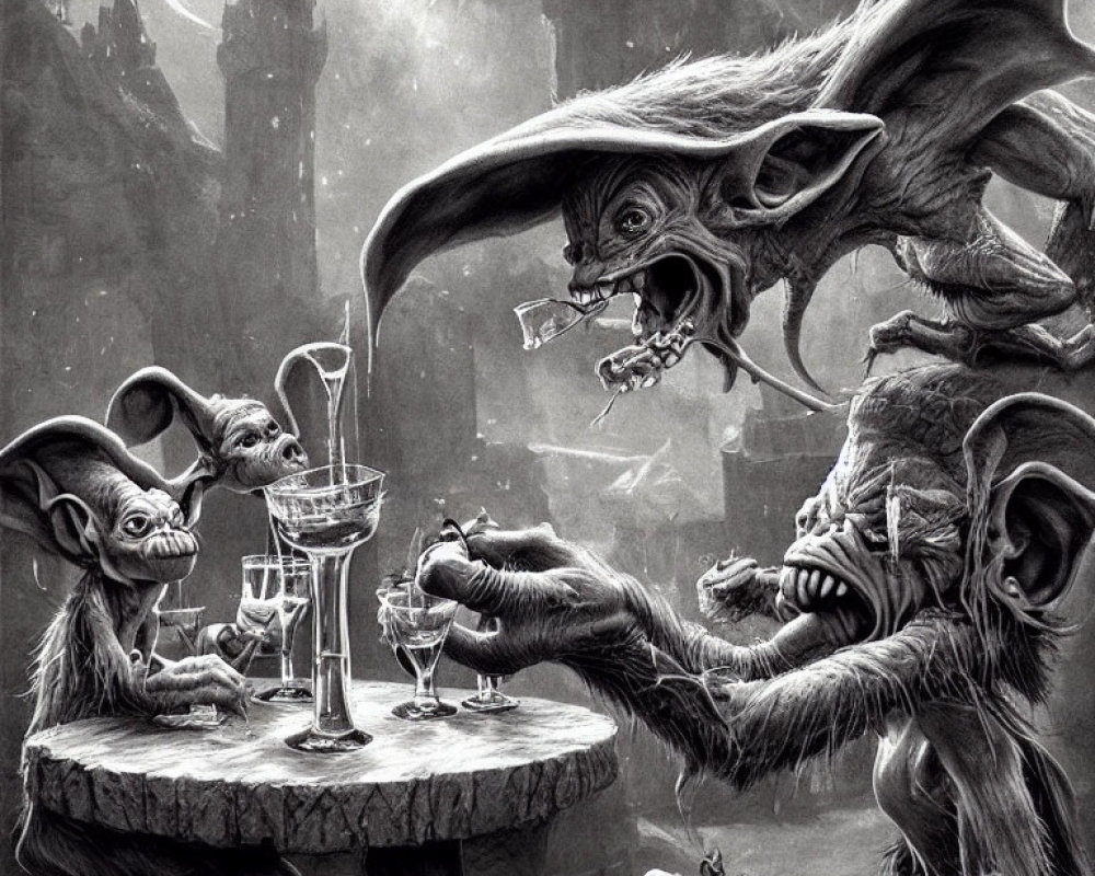 Monochrome illustration of grotesque goblins socializing around a table with a gothic castle backdrop