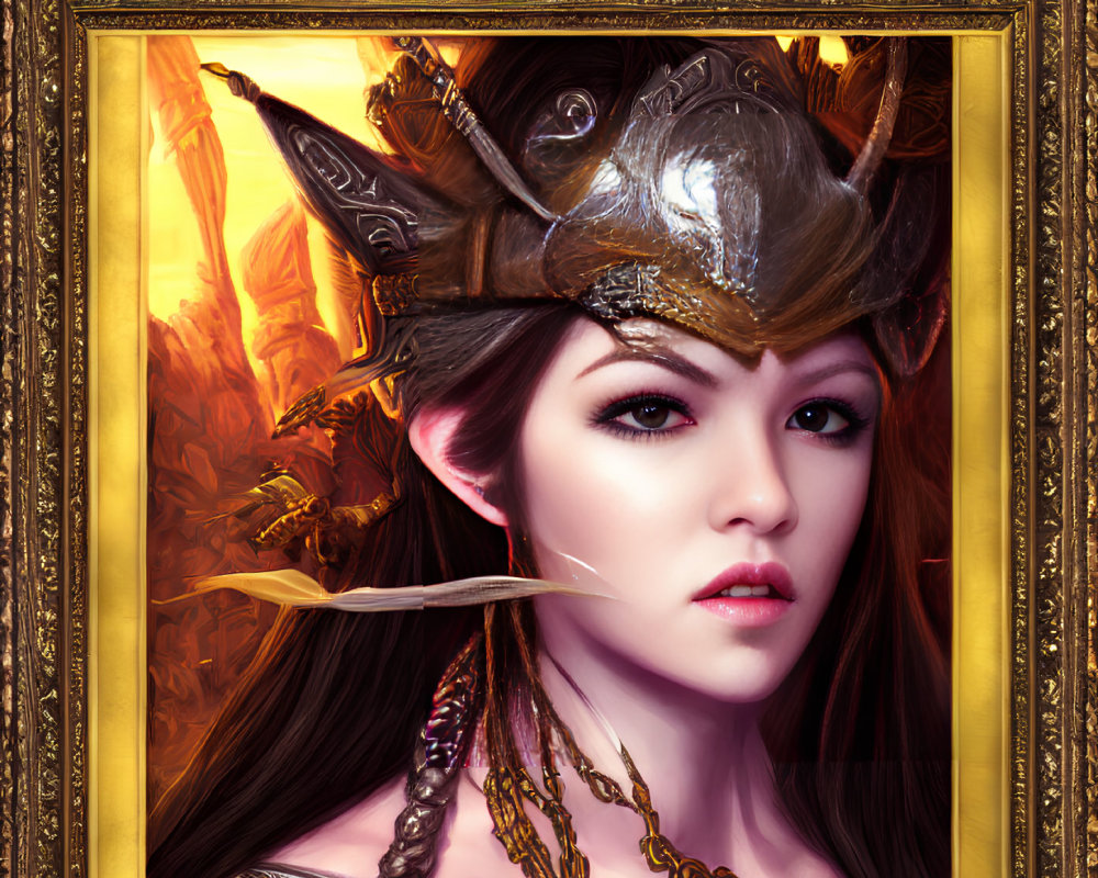 Intense gaze woman in detailed helmet, fiery background, ornate golden frame
