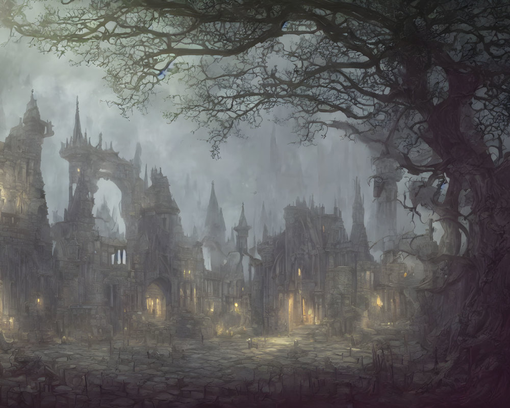 Gothic-style ruins in foggy fantasy landscape