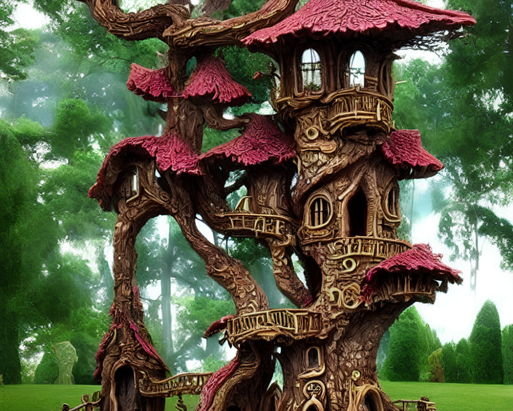 Intricate Fantasy Treehouse with Pink-Roofed Towers