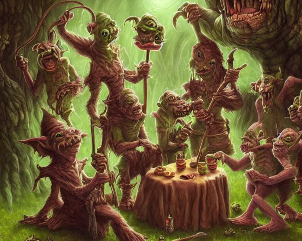 Whimsical goblins having a lively forest gathering