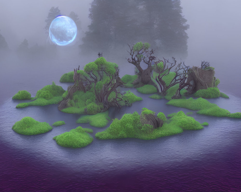 Tranquil mystical island with lush greenery and glowing blue moon
