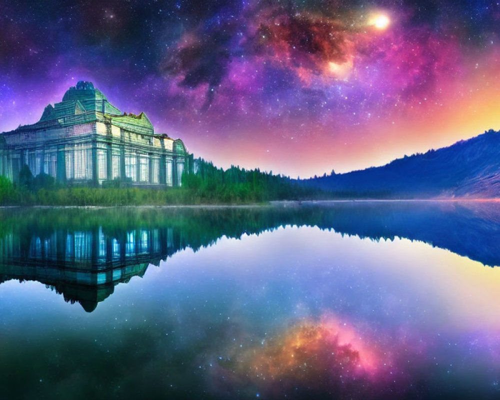 Grand classical building reflected in calm lake under vibrant galaxy night sky