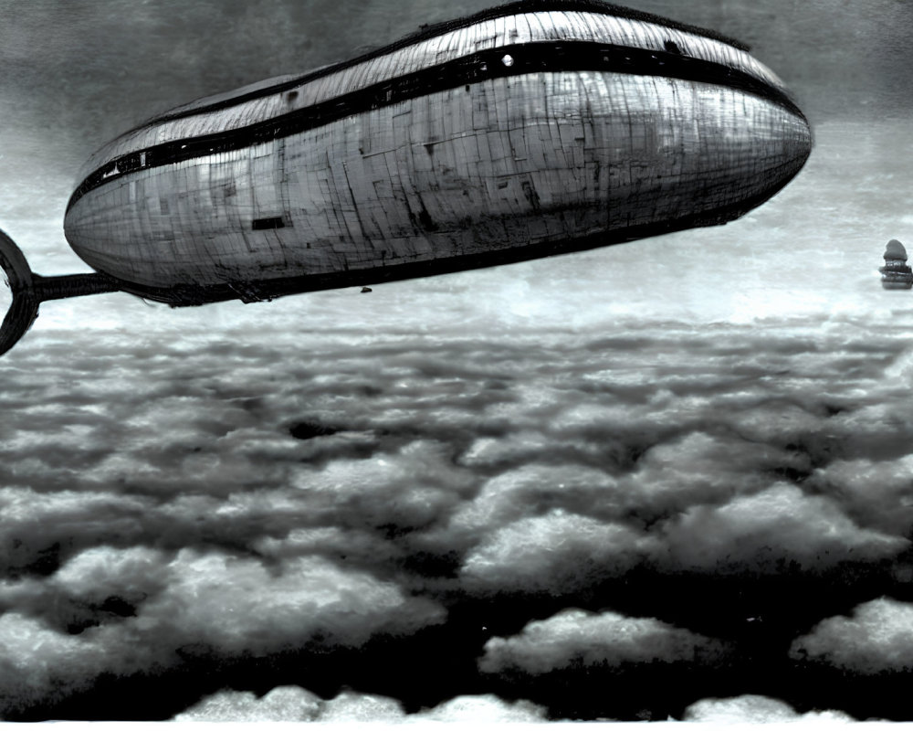 Retro-futuristic airship over cloudy sea under dark sky