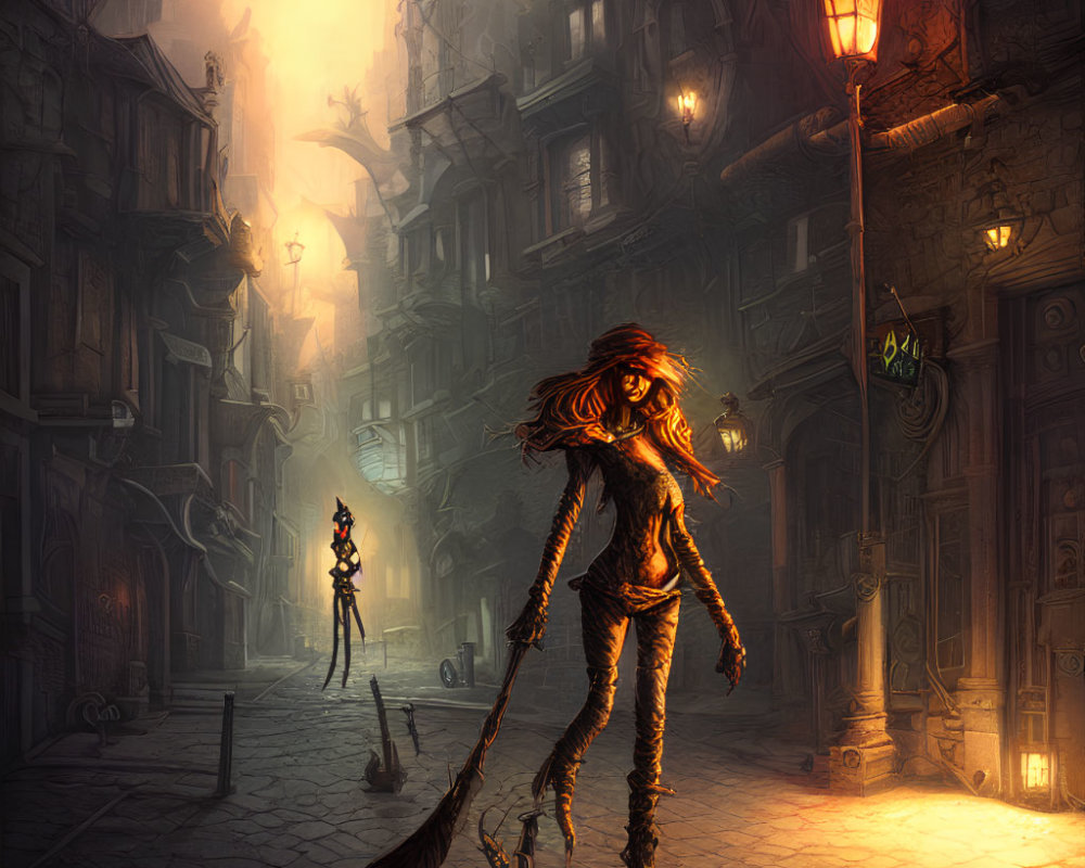 Woman in dimly lit gothic alley with mysterious figure