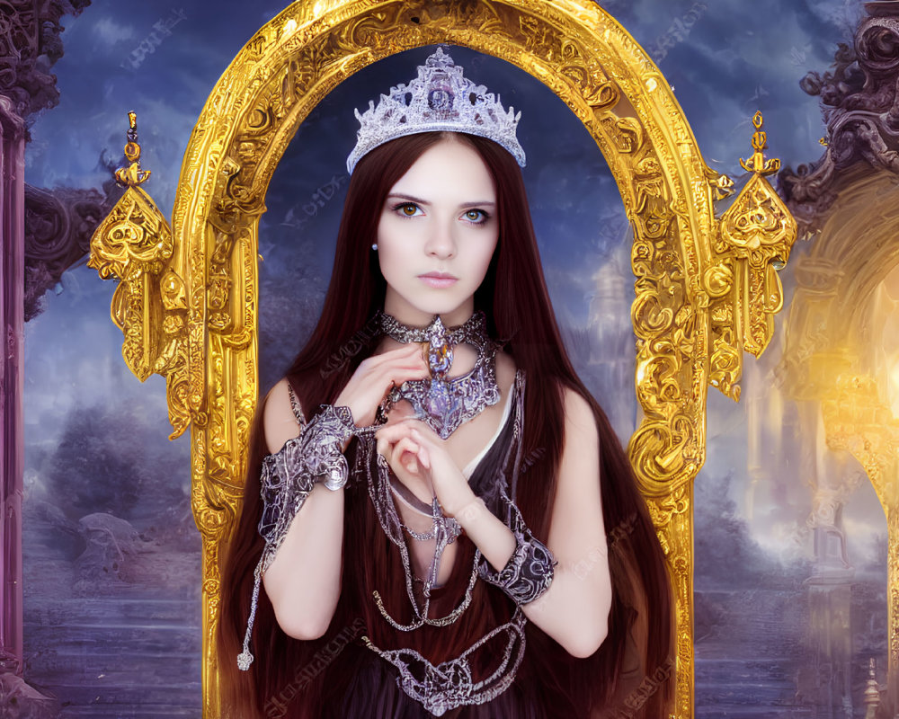 Regal woman in queen attire with crown and rosary in mystical setting