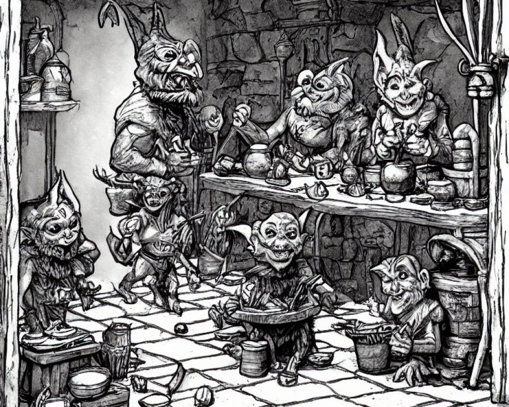 Whimsical goblins in stone-walled room with checkered floor engaging in activities