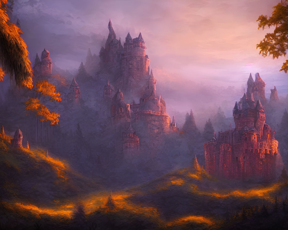 Majestic castle in golden forest under misty glow