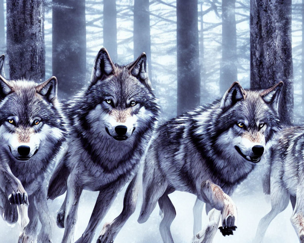 Wolves Running in Snowy Forest with Intense Gazes